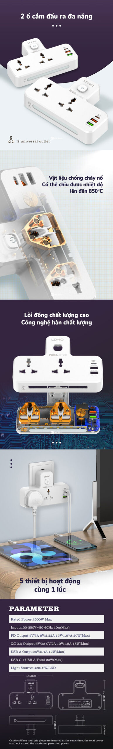 Tiện lợi, dễ sử dụng và an toàn của Ổ Cắm Điện Mở Rộng Sạc Nhanh 20W LDNIO SC2311